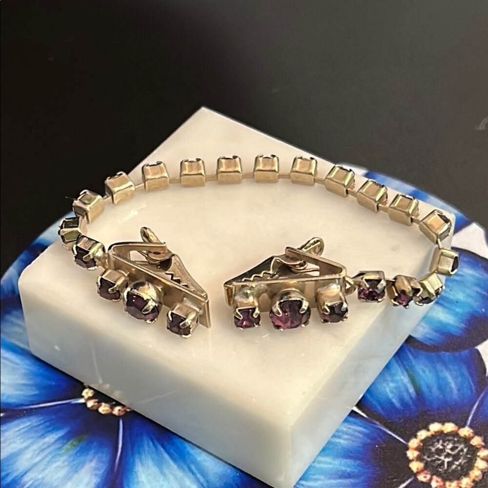 Vintage Amethyst Rhinestone Sweater Guard Clips #60 gold tone